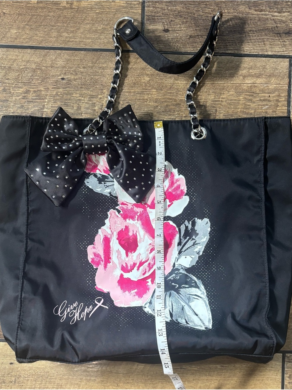 White House Black Market Give Hope Floral Tote Bag Bow Chain Strap - Picture 8 of 8